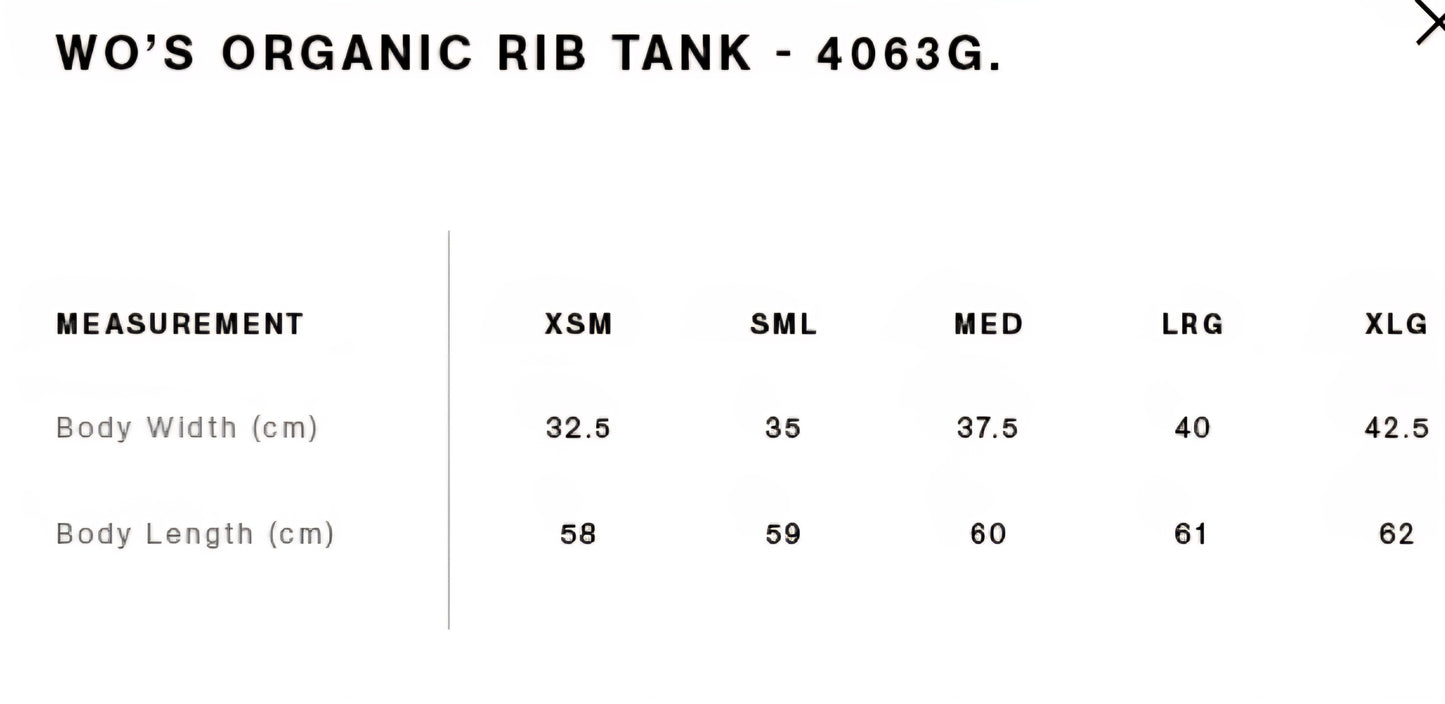 AS COLOURS- WO'S ORGANIC RIB TANK/ FRONT AND BACK LOGO DESIGN, SINGLE TANK ONLY