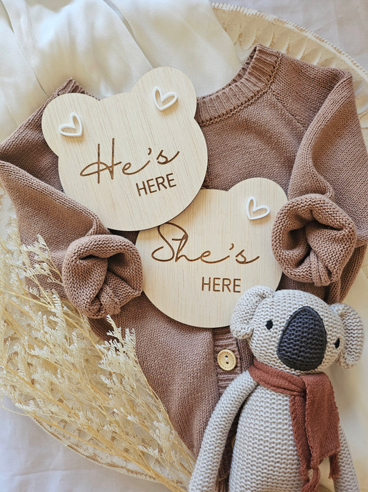 TEDDY- SHE'S/HE'S HERE DOUBLE-SIDED PLAQUE