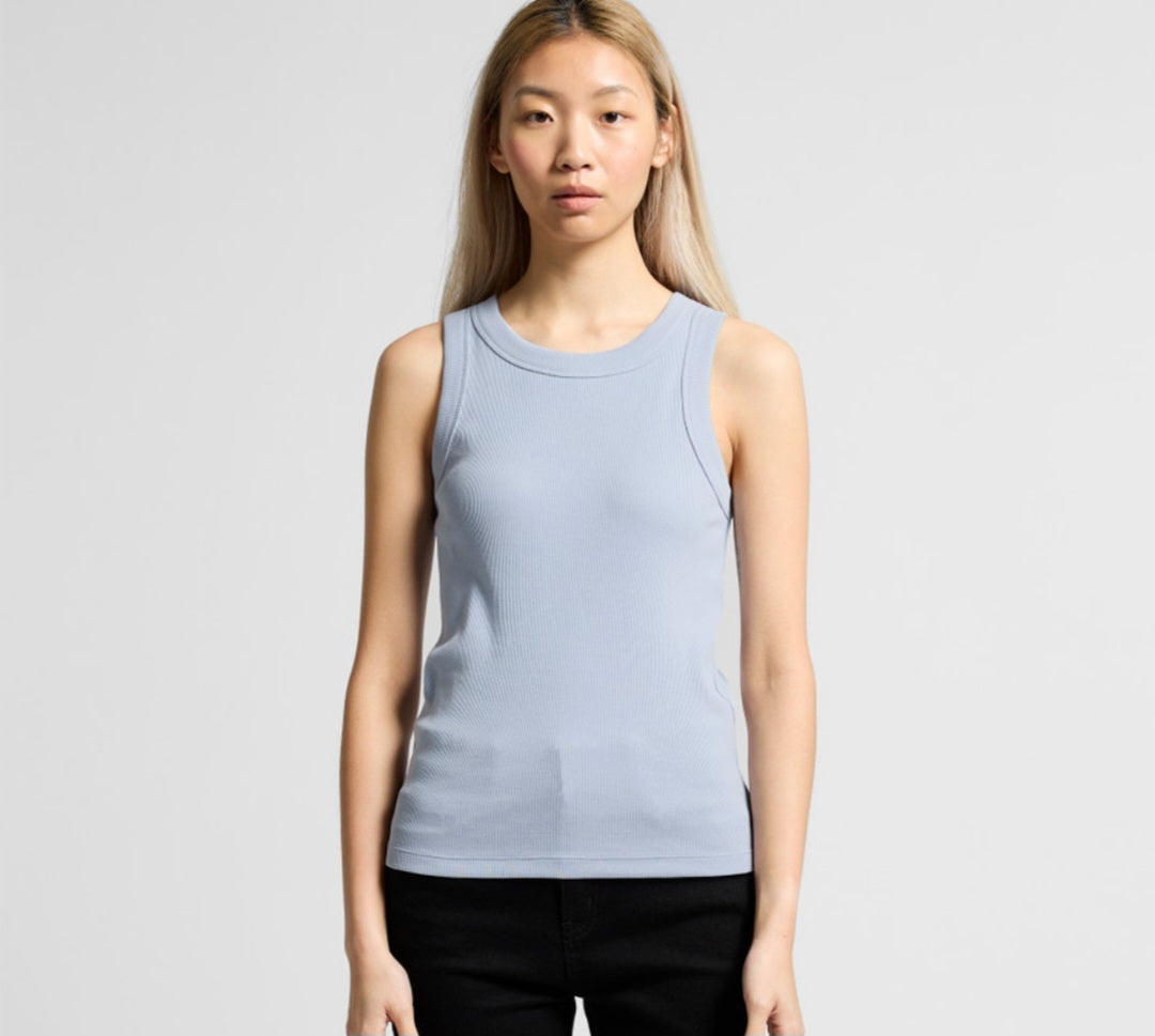 AS COLOURS- WO'S ORGANIC RIB TANK/ FRONT AND BACK LOGO DESIGN, SINGLE TANK ONLY
