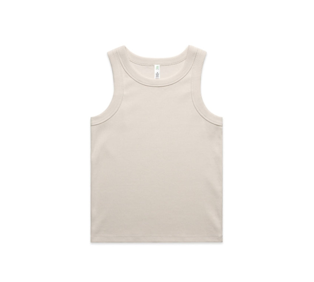 AS COLOURS- WO'S ORGANIC RIB TANK/ FRONT AND BACK LOGO DESIGN, SINGLE TANK ONLY