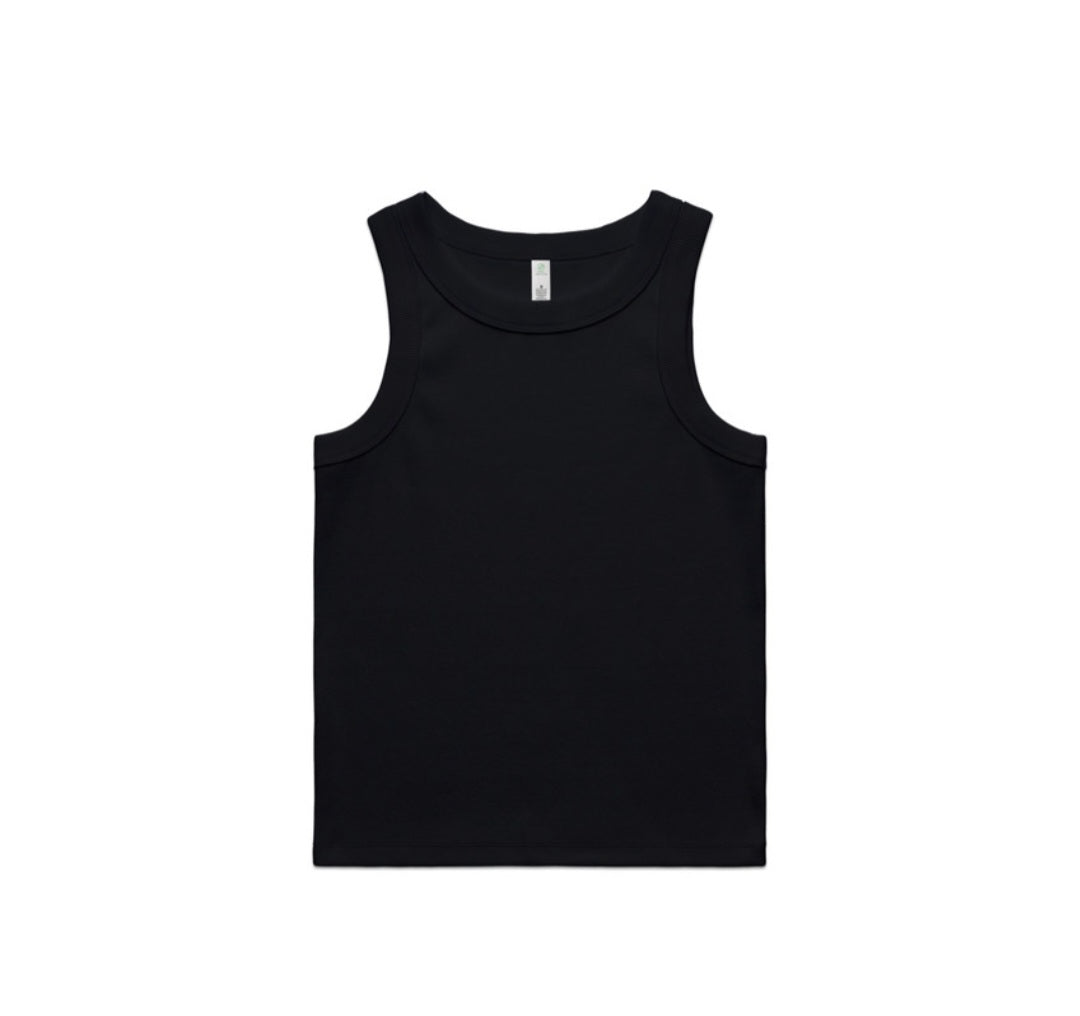 AS COLOURS- WO'S ORGANIC RIB TANK/ FRONT AND BACK LOGO DESIGN, SINGLE TANK ONLY