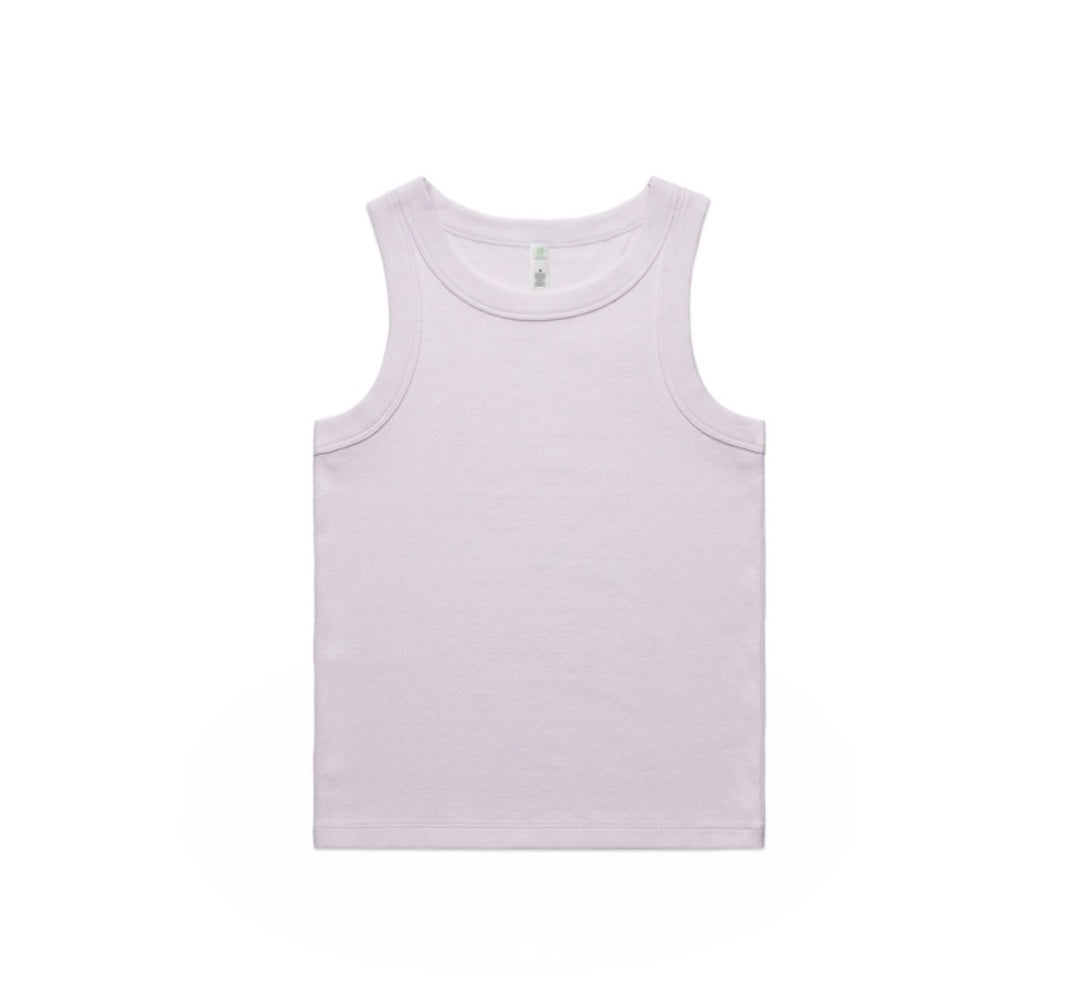 AS COLOURS- WO'S ORGANIC RIB TANK/ FRONT AND BACK LOGO DESIGN, SINGLE TANK ONLY
