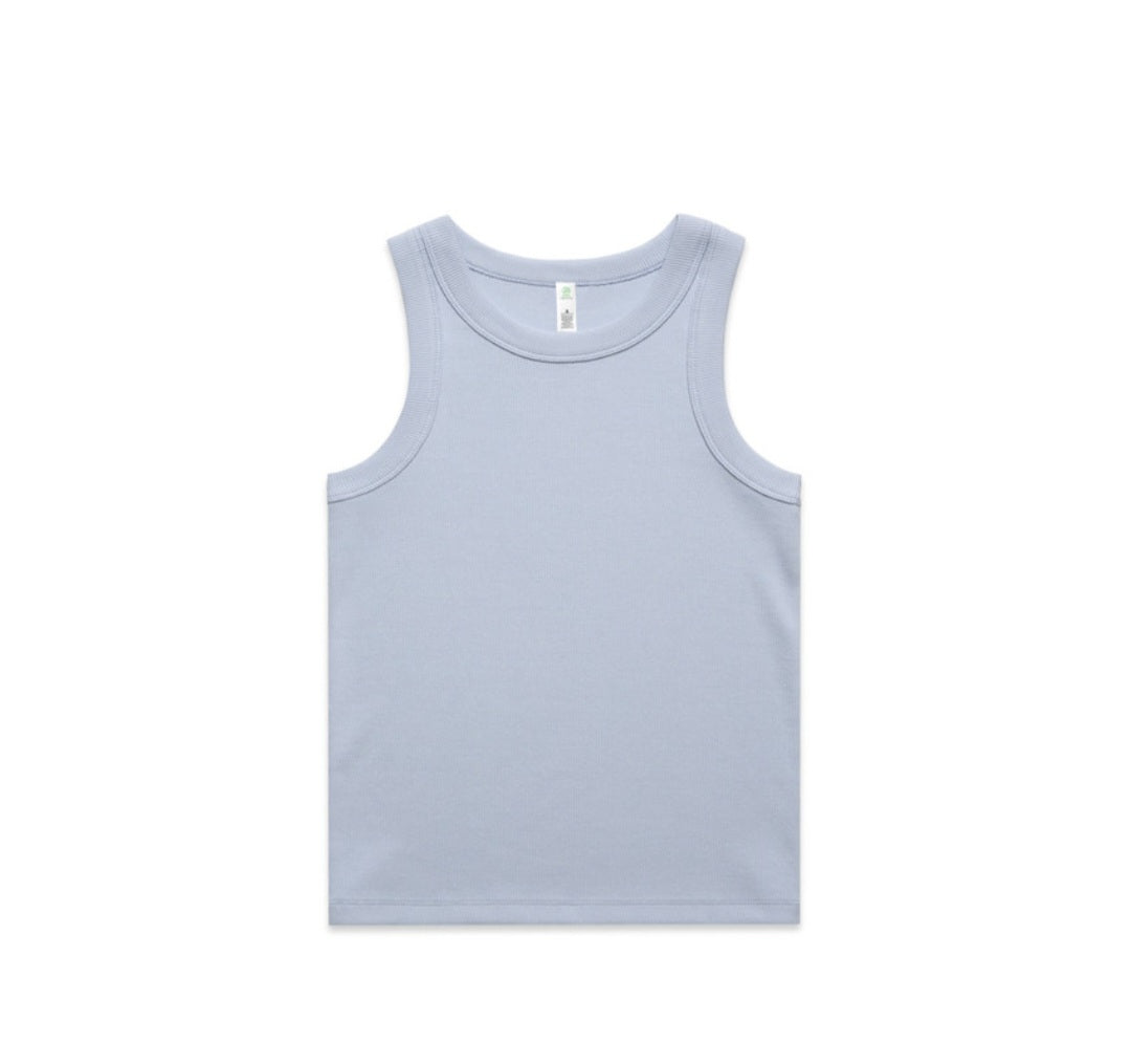 AS COLOURS- WO'S ORGANIC RIB TANK/ FRONT AND BACK LOGO DESIGN, SINGLE TANK ONLY