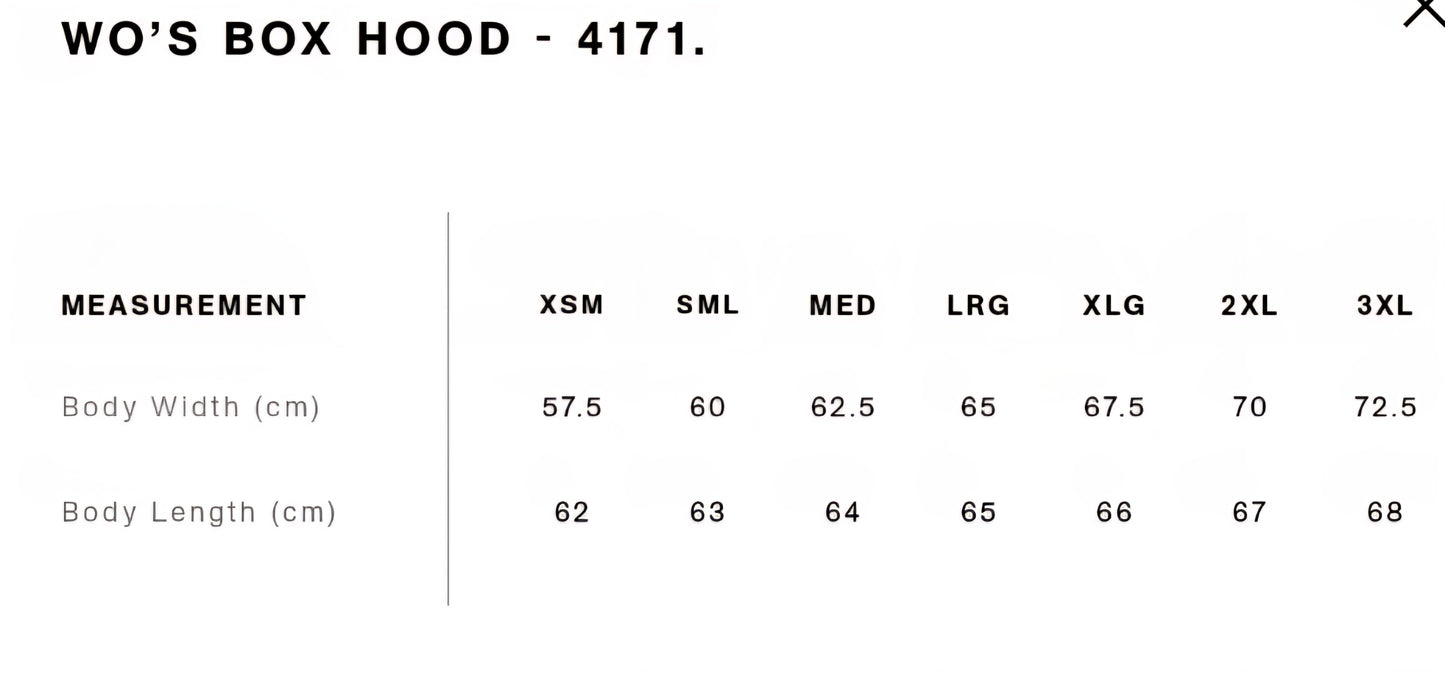 AS COLOURS- WO'S BOX HOOD/ FRONT AND BACK LOGO DESIGN, QUANTITY OF 5